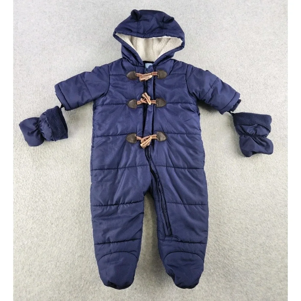 Children's‎ Place Baby Snowsuit One Piece Fleece Lined Hooded Zip Mittens 6-9 M